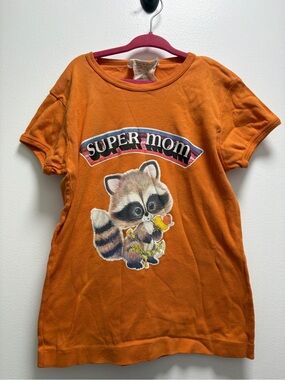Vintage Super Mom Orange Kids Graphic Tee with Raccoon Design